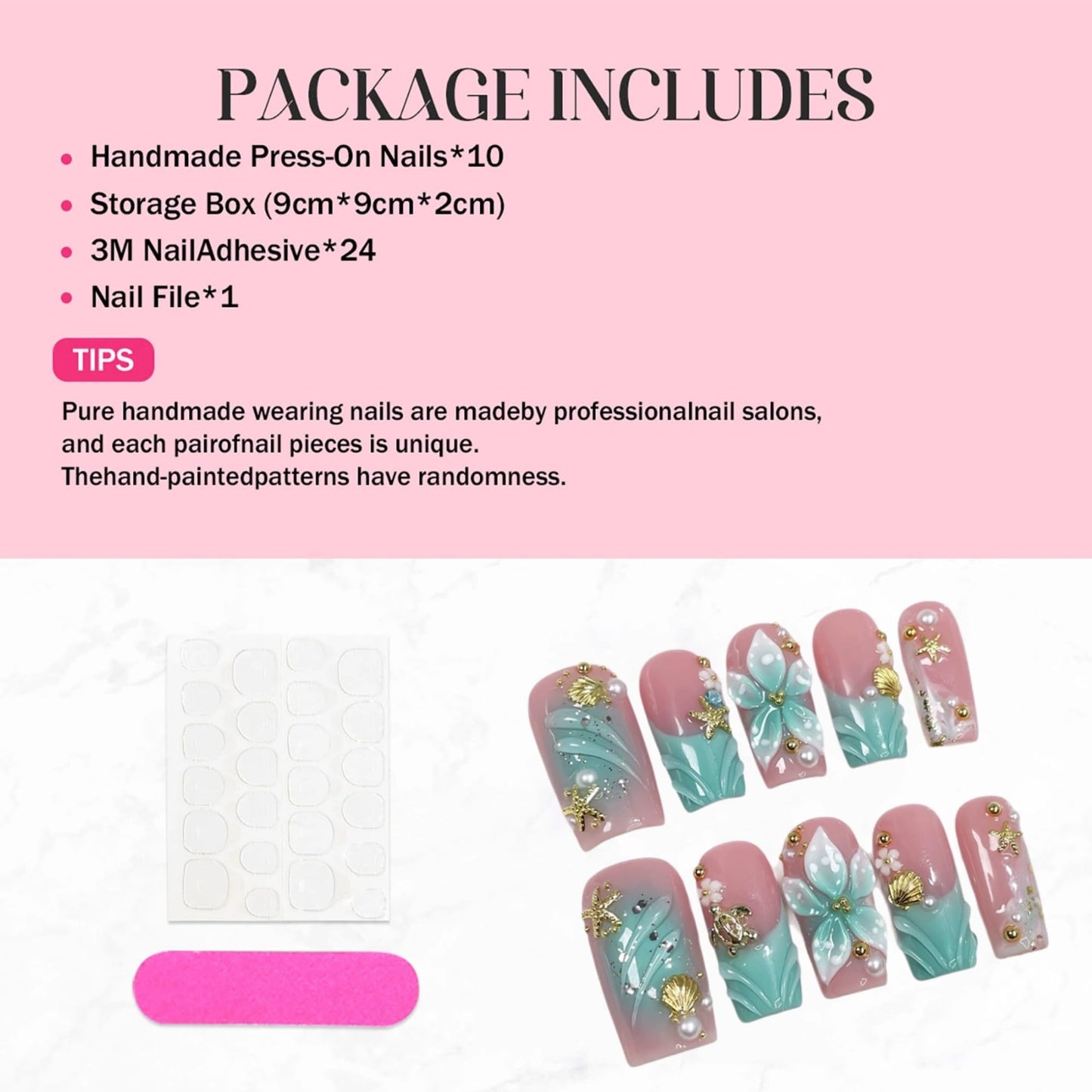 Qicaijia Luxury Handmade Press-On Nails – Blue French Ombre with 3D Flower Art, Size M, 10 Pcs