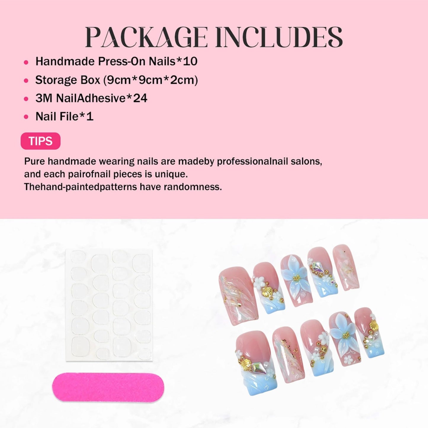 Qicaijia 10Pcs Handmade Press-On Nails – Medium Square, 3D Flower Art, Light Blue French Tips