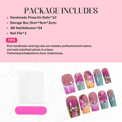 Qicaijia 10Pcs Medium Press-On Nails – 3D Flower Purple Ombre, Square Glossy False Nails