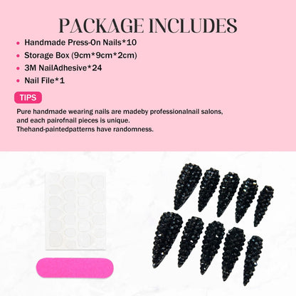 Qicaijia Almond Press On Nails – Long Black Rhinestones, Luxury Full Cover 3D Nail Art (10 Pcs, Size M)