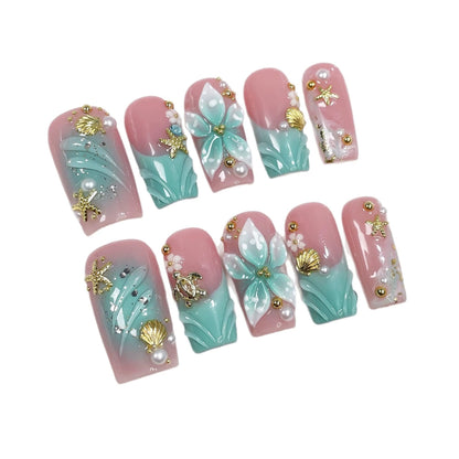 Qicaijia Luxury Handmade Press-On Nails – Blue French Ombre with 3D Flower Art, Size M, 10 Pcs