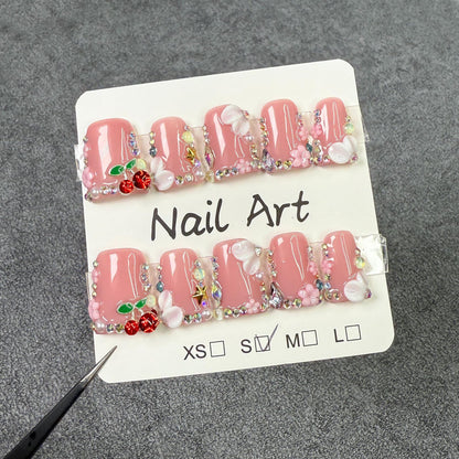 Qicaijia Pink Handmade Duck Nail Set – 10Pcs Press-On Nails with Glue and Sparkling Tips