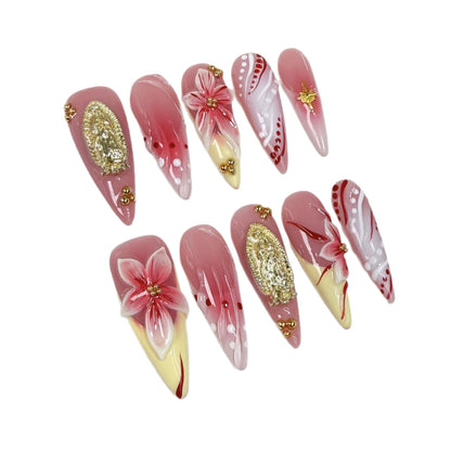 Qicaijia Long Press On Nails – Almond Design, 3D Flower French Tip, Glue-On, 10Pcs (Size M)