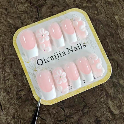 Qicaijia Luxury Press-On Nails – Medium Square, 3D Flower Embossed, White French Tip, 10Pcs (Size M)