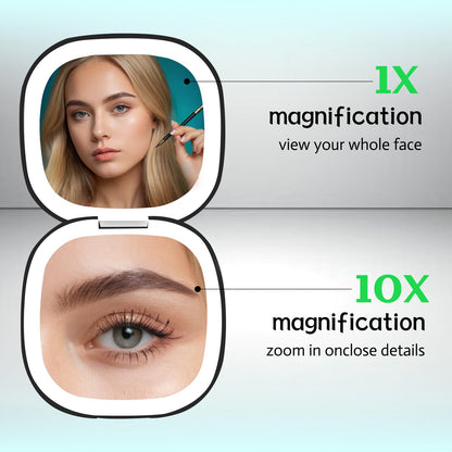 Qidoe Compact Travel Makeup Mirror – 1x/10x Magnification, Dimmable USB-C Rechargeable