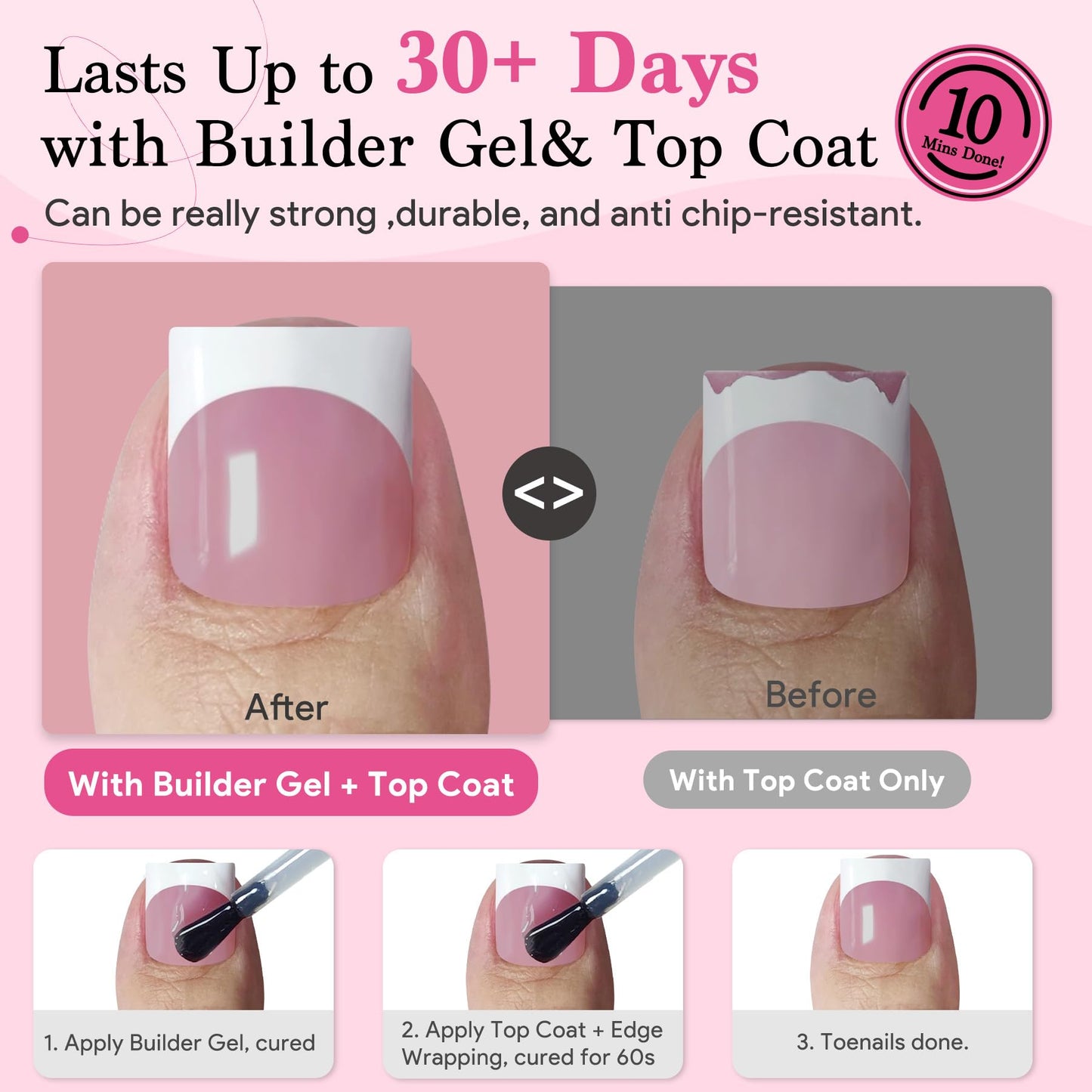 QIEK Toe Nail Press Ons French Tip Berry Pink – 270 Pcs, 15 Sizes, DIY Salon-Quality Pedicure
