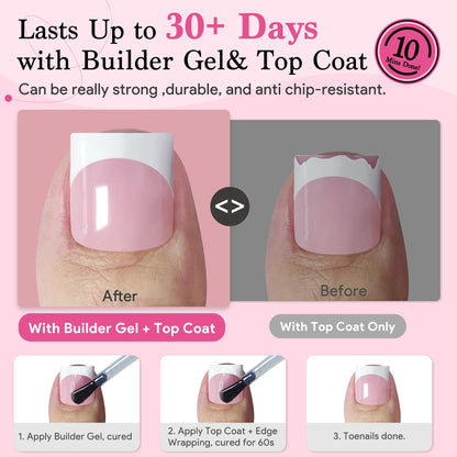 QIEK Press-On Toenails for Women – Baby Pink French Tips, 15 Sizes, 270 Pcs