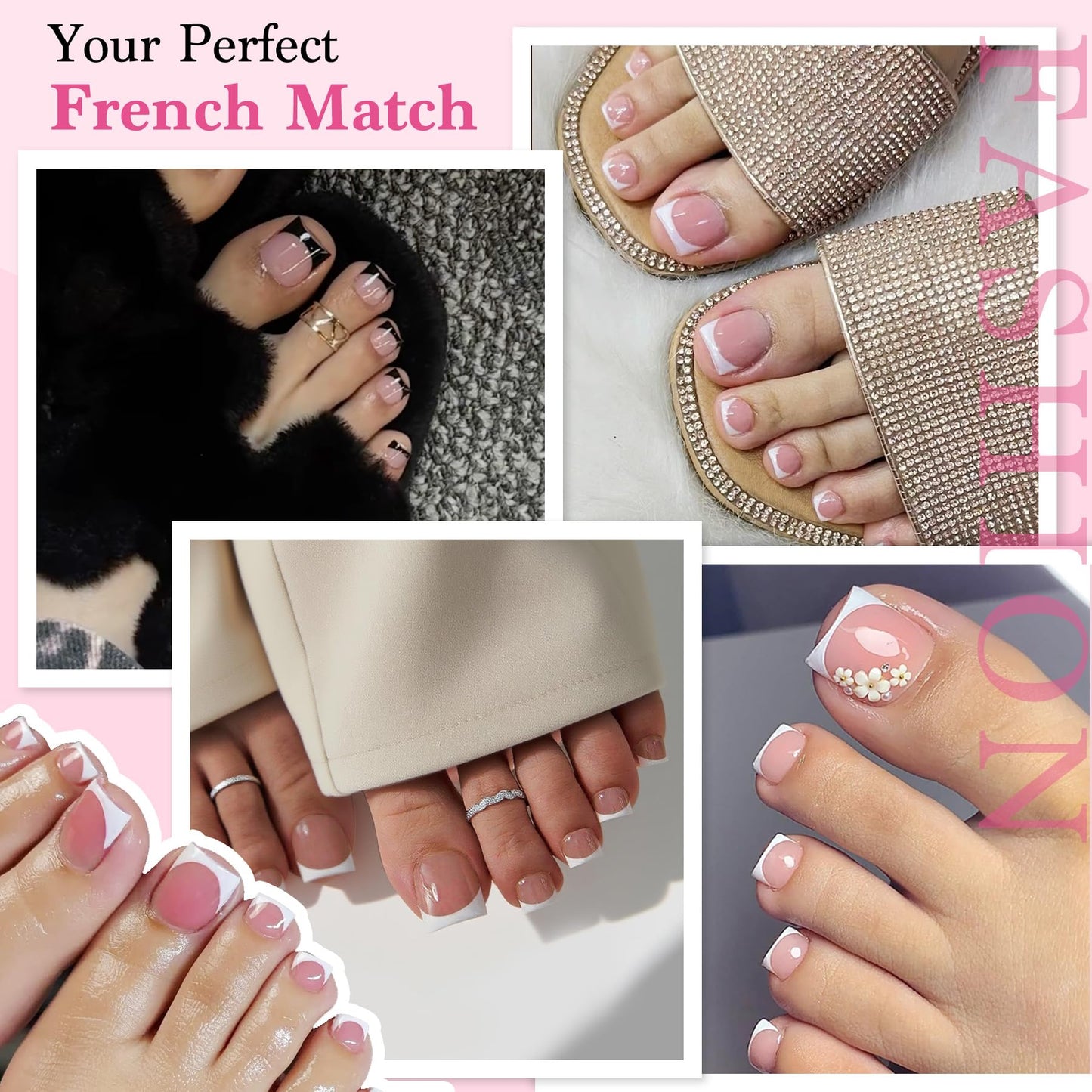 QIEK Toe Nail Press Ons French Tip Berry Pink – 270 Pcs, 15 Sizes, DIY Salon-Quality Pedicure