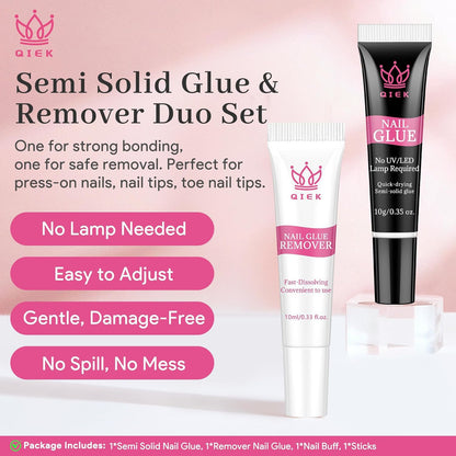 QIEK No-Lamp Nail Glue & Remover Set – Quick-Dry 10ml, Up to 28 Days Hold, 10g Remover