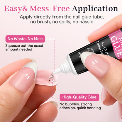 QIEK No-Lamp Nail Glue & Remover Set – Quick-Dry 10ml, Up to 28 Days Hold, 10g Remover
