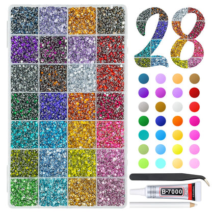 qiipii 28-Color 3mm Crystal Resin Rhinestones with B7000 Glue – Flatback SS10 for Nails, Eyes, Face, Crafts