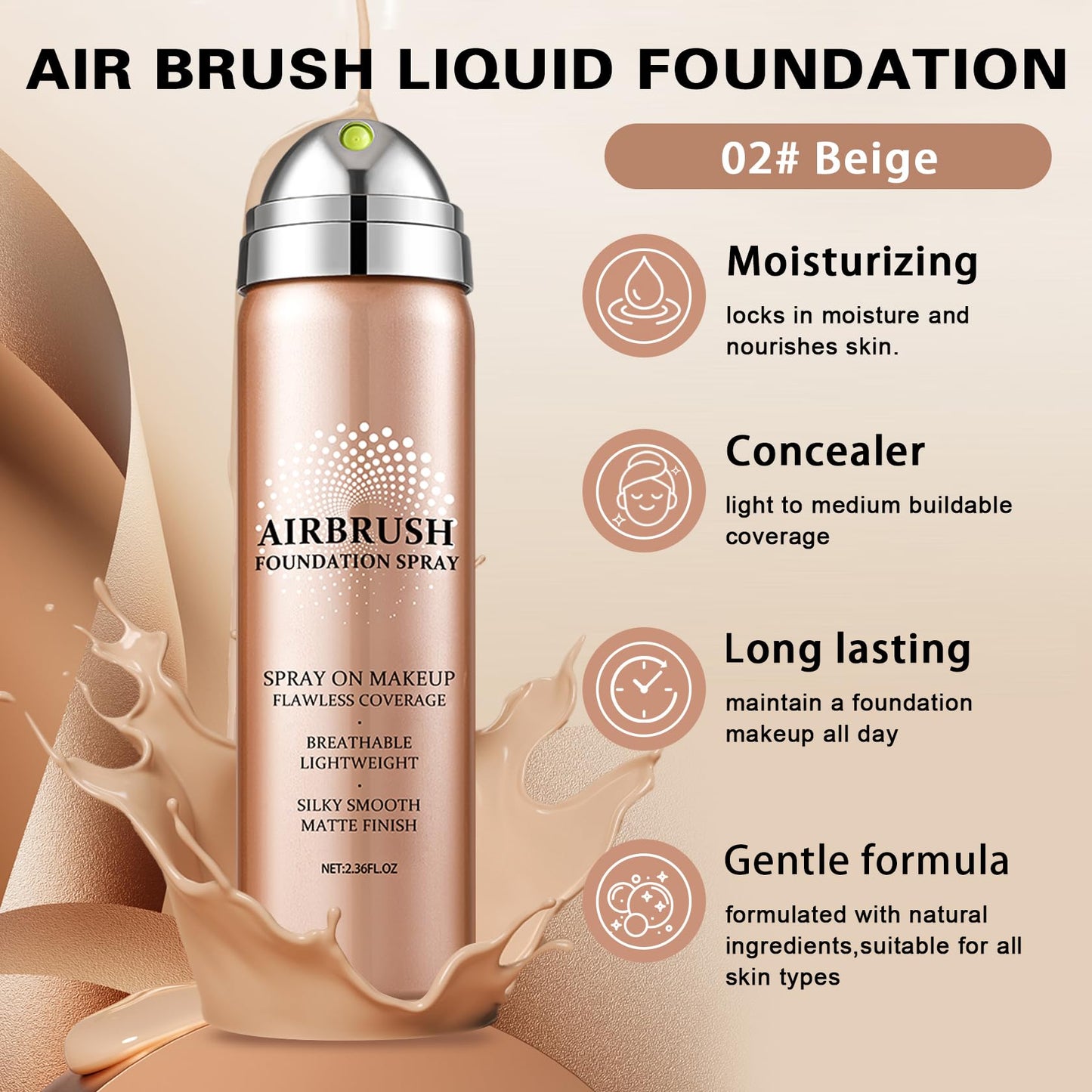 QIUFSSE Airbrush Foundation with Primer – Silk Flawless Makeup, Buildable Coverage, Hydrating Anti-Aging (02 Beige)
