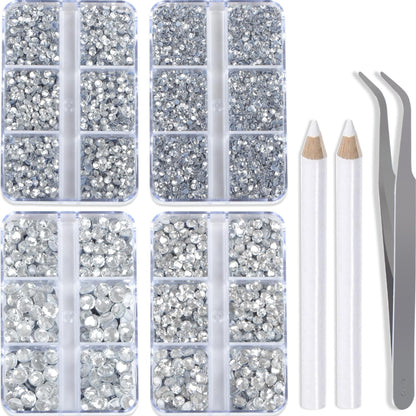QOGIR 10000 Pieces Mixed Size Clear Hotfix Rhinestones – 4 Boxes with Tweezers & Picking Pen