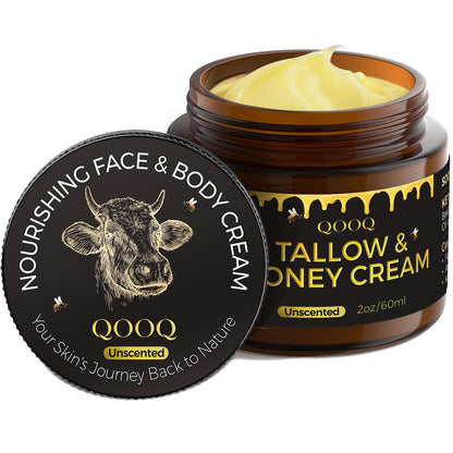 QOOQ Grass-Fed Beef Tallow Facial Cream – Unscented, Raw Honey & Shea Butter (2 oz)