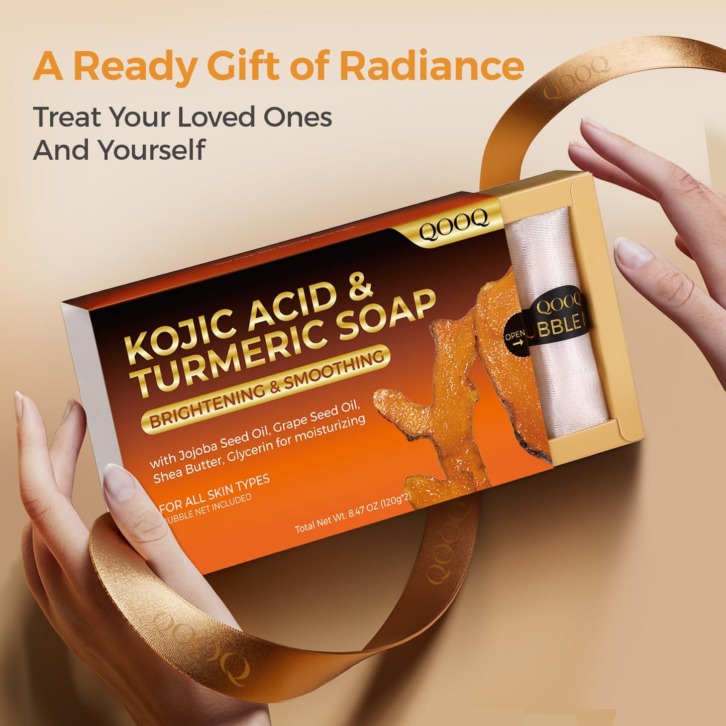 QOOQ Turmeric Kojic Acid Soap – Brightening Face & Body Wash with Vitamin C & E (120g x 2)