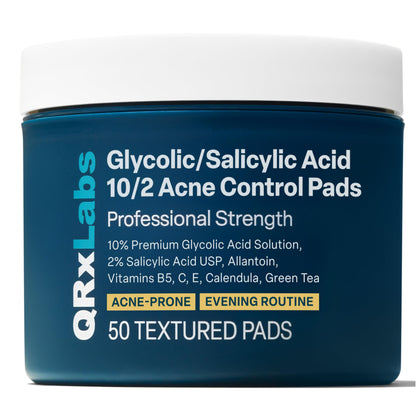 QRxLabs Salicylic & Glycolic Acid Acne Clearing Pads - 2% Salicylic, 10% Glycolic - 50 Count