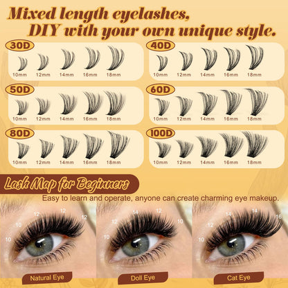 QUEWEL 580PCS Eyelash Clusters — 30D to 100D Wispy Lashes for DIY Extensions (Reusable)
