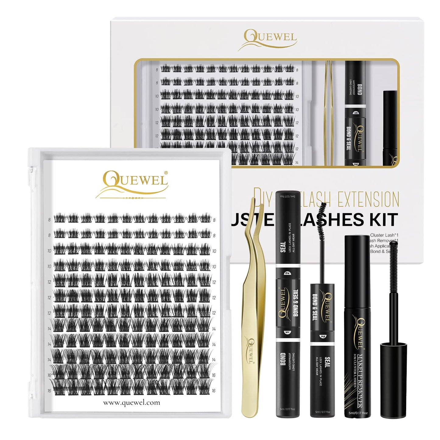 QUEWEL DIY Lash Clusters Kit – 144 Pcs, Bond & Seal, Tweezer & Remover