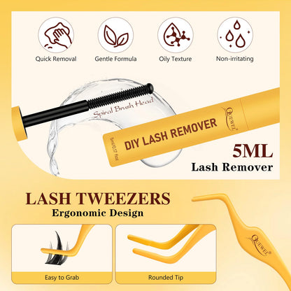 QUEWEL Fairy-Lash Clusters Kit | 140pcs Manga Clusters 10-18mm | DIY Lash Extensions with Bond & Seal, Tweezers & Remover