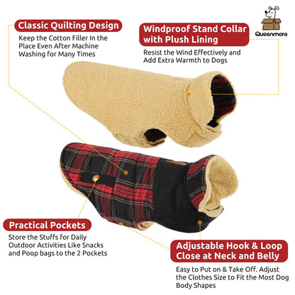 Queenmore Dog Winter Coat - Warm Quilted Plaid Jacket with Leash Hole (XS-XL)