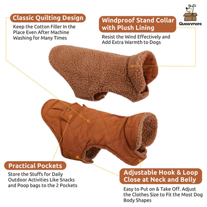 Queenmore Warm Coat for Dogs - Quilted Winter Jacket with Plush Lining & Storage Pockets (Brown, X-Large)