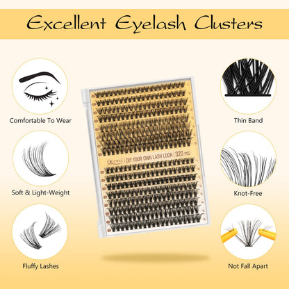 QUEWEL Lash Clusters Kit – 320 Pcs 30D/40D Wispy Lash Extensions for DIY Styling