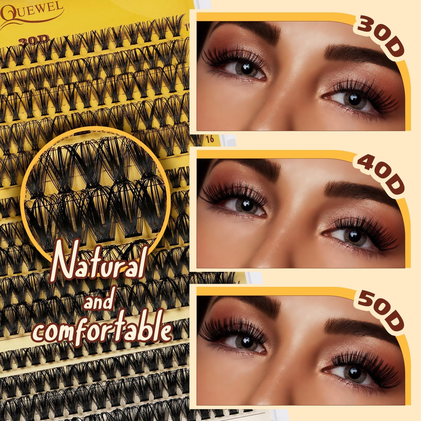 QUEWEL Lash-Clusters-Kit – 30/40/50D DIY Lash Clusters 10-16mm with Bond & Seal, Waterproof, Tweezers