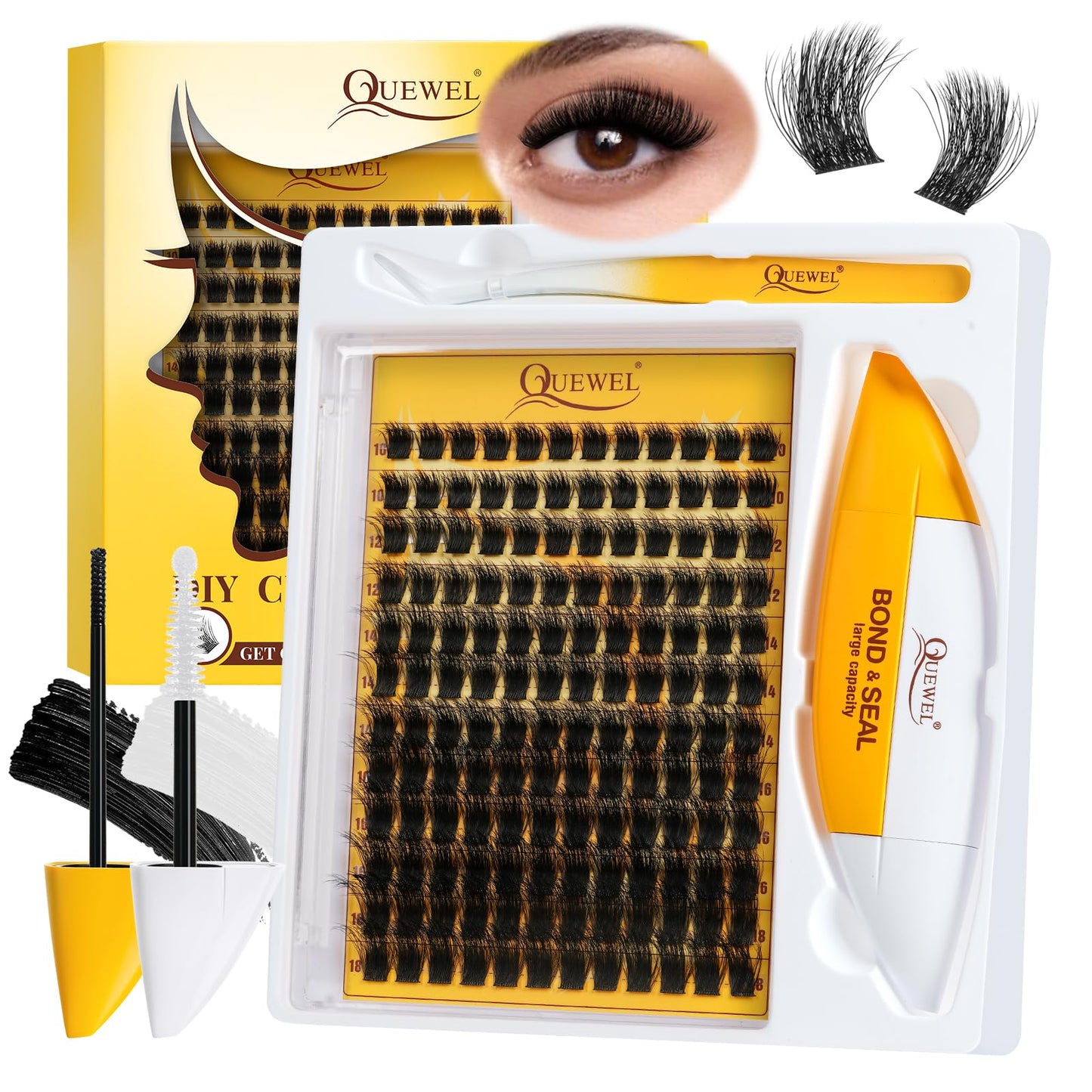 QUEWEL DIY Lash Extension Kit - 144 Pcs Clusters, 10-18mm, Bond & Seal, Beginner-Friendly at Home