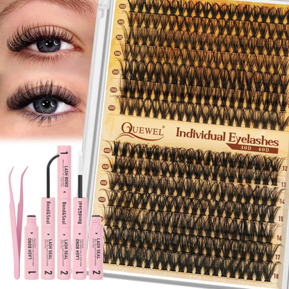 QUEWEL Lash Clusters Kit - DIY Lash Extensions 30D+40D (12-18mm) with Bond & Seal