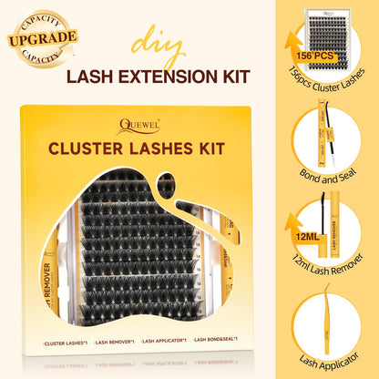 QUEWEL Lash Clusters Kit – DIY 156-Piece Lash Extensions Set (10–18mm) with Bond & Seal, Remover & Tools