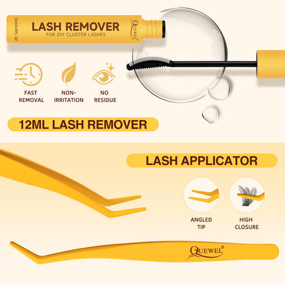 QUEWEL Lash Clusters Kit – DIY 156-Piece Lash Extensions Set (10–18mm) with Bond & Seal, Remover & Tools