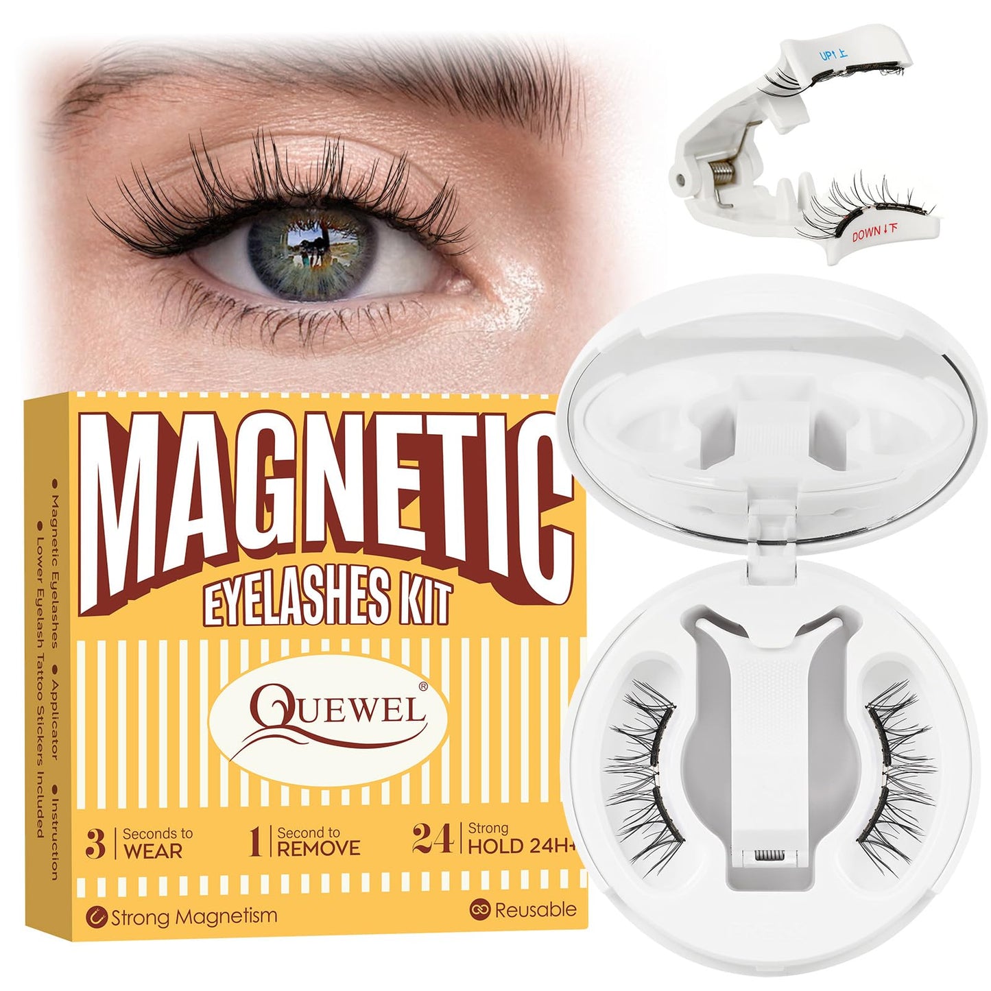 QUEWEL Magnetic Eyelashes with Applicator – No Glue Needed, Reusable, Beginner-Friendly (Soft-Magnetic-B)
