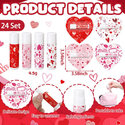 Qunclay 24-Piece Valentine Lip Balm Set — Heart-Shaped, Travel-Size Moisturizing Balms