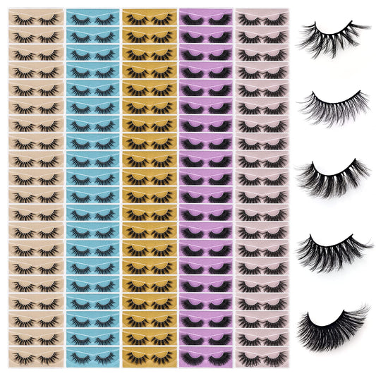 QUNETY Wholesale Mixed Lashes Pack | 3D Faux Mink, 100 Pairs, 5 Styles, Cotton Band, Reusable