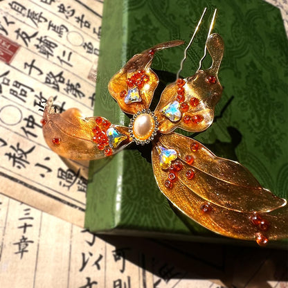 Rabithenn Orange Butterfly Pearl Resin Hairpin – Hanfu Hair Accessory for Women