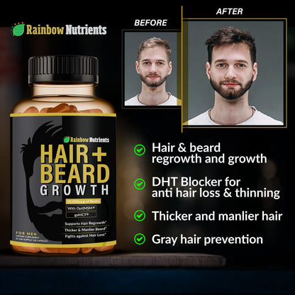 Rainbow Nutrients Hair + Beard Growth Vitamins for Men – Biotin 10,000 mcg, Collagen, Patented OptiMSM®, goMCT®, Saw Palmetto | 60 Day Supply
