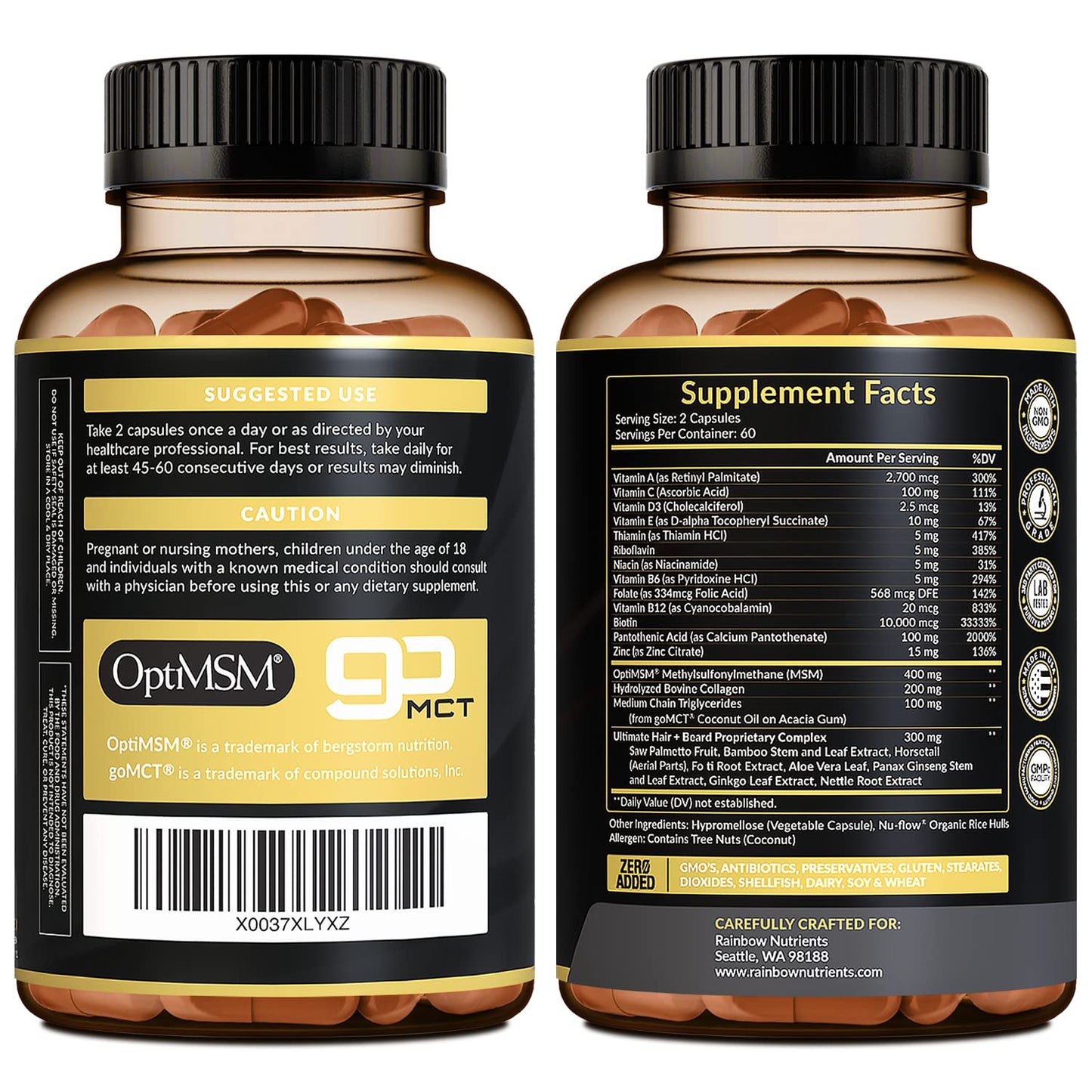 Rainbow Nutrients Hair + Beard Growth Vitamins for Men – Biotin 10,000 mcg, Collagen, Patented OptiMSM®, goMCT®, Saw Palmetto | 60 Day Supply