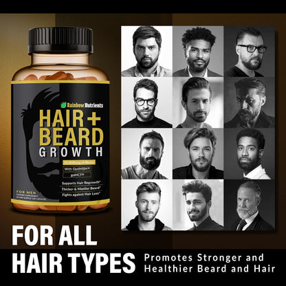 Rainbow Nutrients Hair + Beard Growth Vitamins for Men – Biotin 10,000 mcg, Collagen, Patented OptiMSM®, goMCT®, Saw Palmetto | 60 Day Supply
