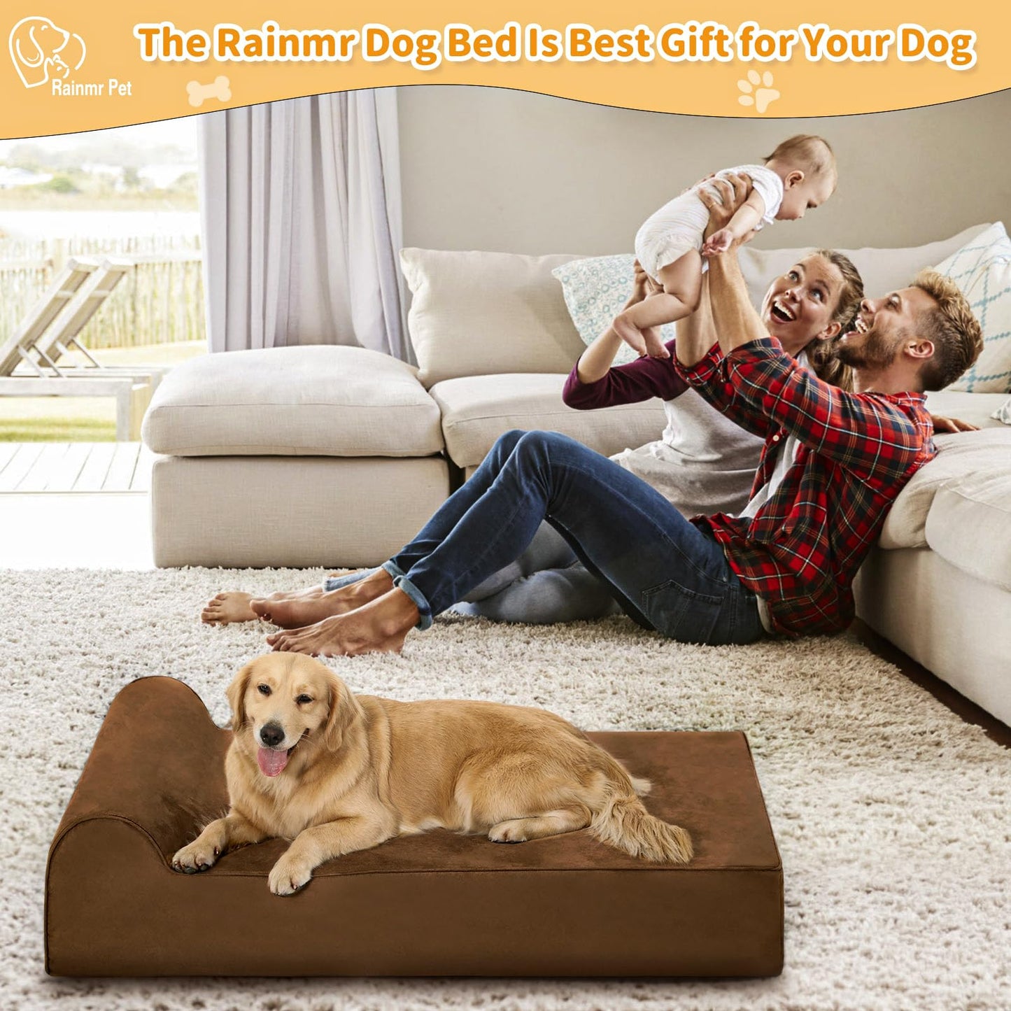 Rainmr Orthopedic Dog Bed for Large Dogs — XXL 60x48x7 inches, 7" Memory Foam, Waterproof Liner, Chew-Proof Microsuede