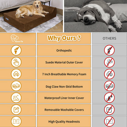 Rainmr Orthopedic Dog Bed for Large Dogs — XXL 60x48x7 inches, 7" Memory Foam, Waterproof Liner, Chew-Proof Microsuede