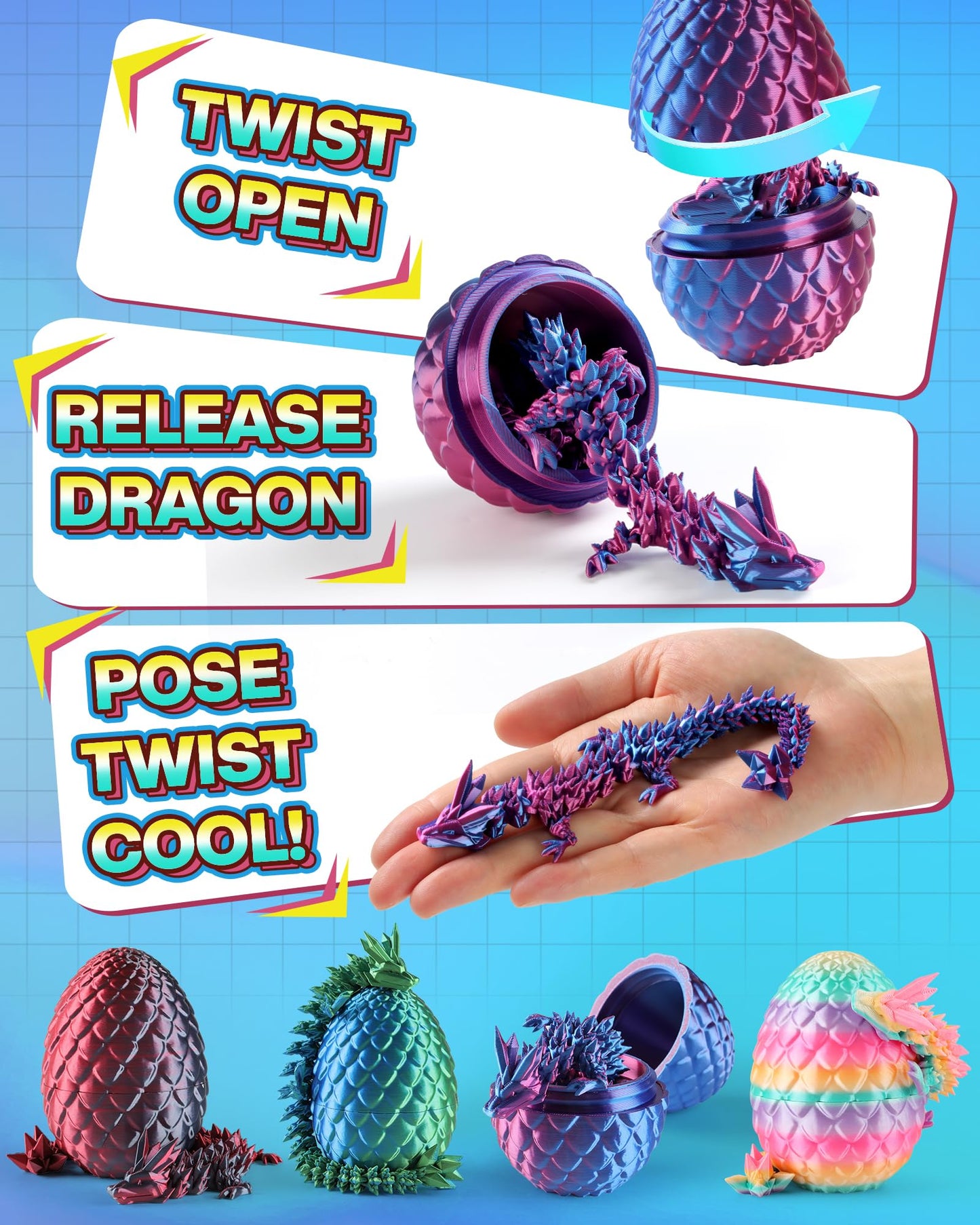 Rapean 8-inch 3D Printed Dragon Eggs (4 Pack) – Mystery Crystal Dragons Inside, Easter Basket Stuffers, Fantasy Decor
