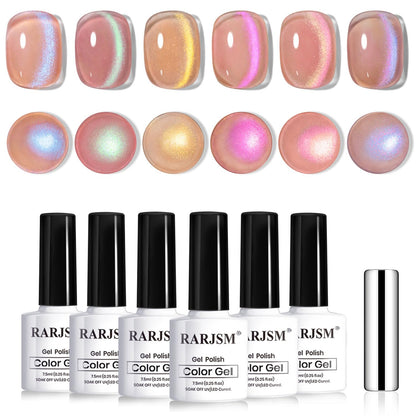 RARJSM Aurora Glitter Cat Eye Gel Nail Polish Set – 6 Pcs with Magnetic Stick