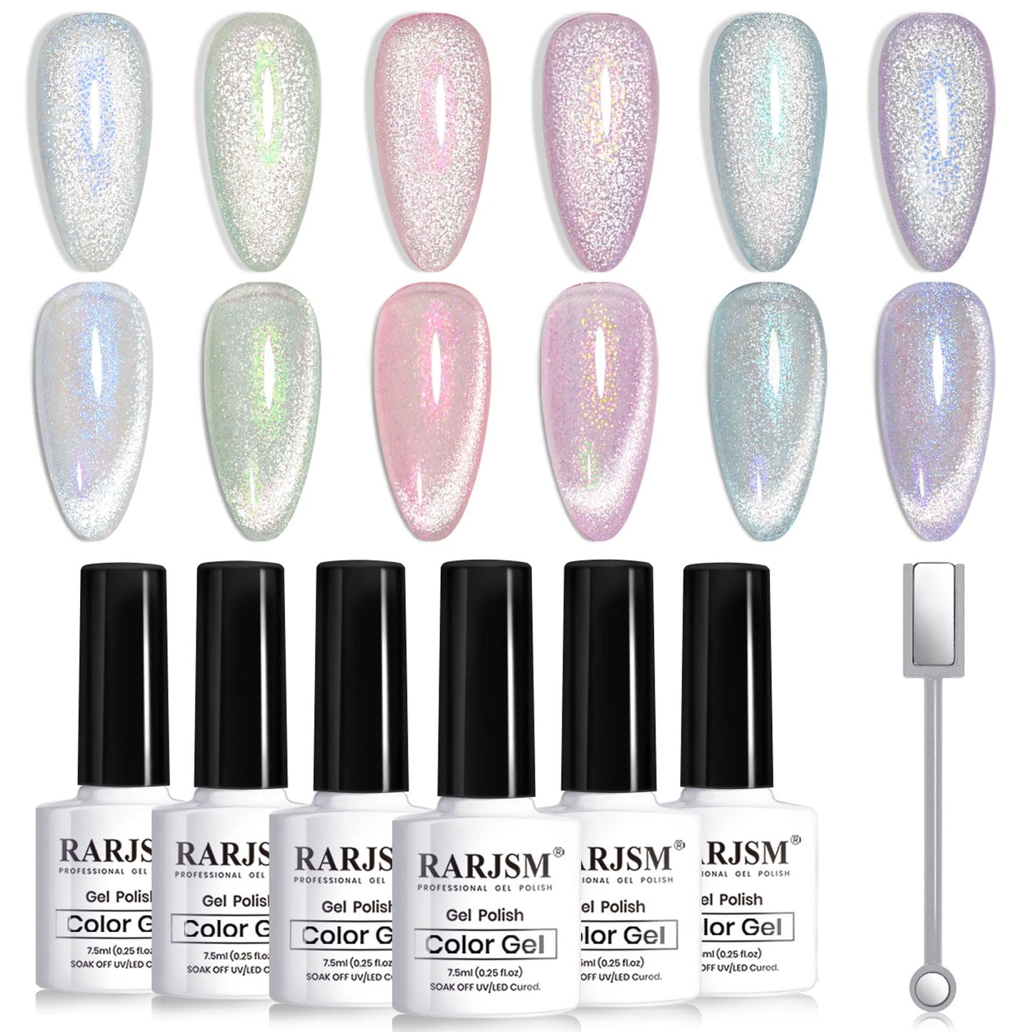 RARJSM Aurora Mermaid Cat Eye Gel Nail Polish Set — 6 Velvet Glitter Colors with Magnetic Shimmer
