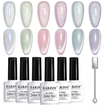 RARJSM Aurora Mermaid Cat Eye Gel Nail Polish Set — 6 Velvet Glitter Colors with Magnetic Shimmer