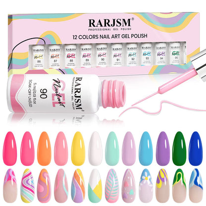 RARJSM Gel Liner Nail Art Polish Set – 12 Candy Pastel Colors, Thin Brush, Soak Off, 5ml