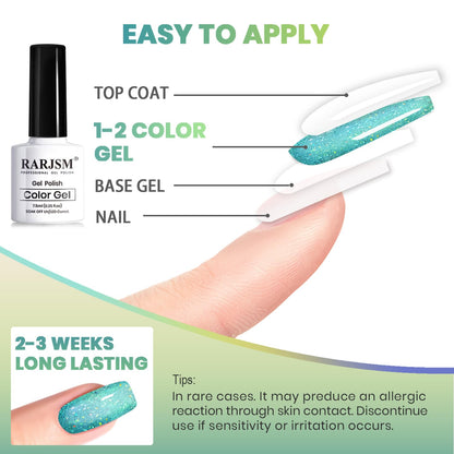 RARJSM Cat Eye Gel Nail Polish Set 6pc – 9D Rainbow Peacock Flakes, Magnetic Stick, UV/LED Cure
