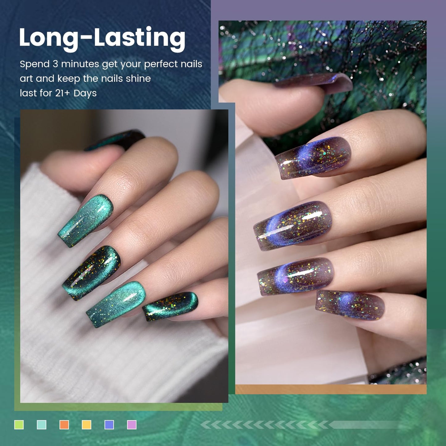 RARJSM Cat Eye Gel Nail Polish Set 6pc – 9D Rainbow Peacock Flakes, Magnetic Stick, UV/LED Cure