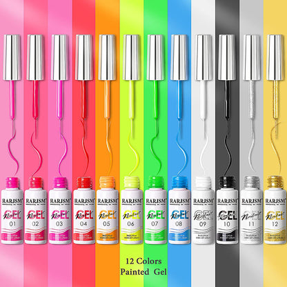 RARJSM Painted Gel Nail Polish Set – Line Art Gel, 12 Neon Colors (8ml Each), UV/LED Ready