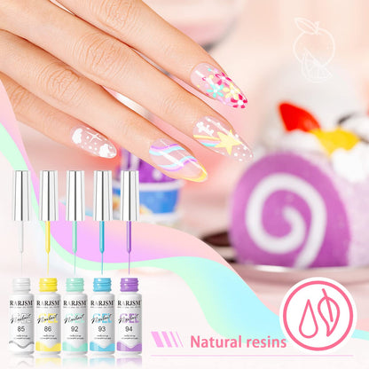 RARJSM Gel Liner Nail Art Polish Set – 12 Candy Pastel Colors, Thin Brush, Soak Off, 5ml