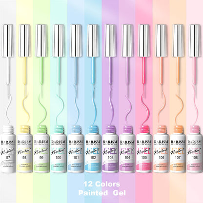 RARJSM Nail Art Gel Liner Set – 12 Pastel Colors, Thin Brush, Soak-Off, 8ml